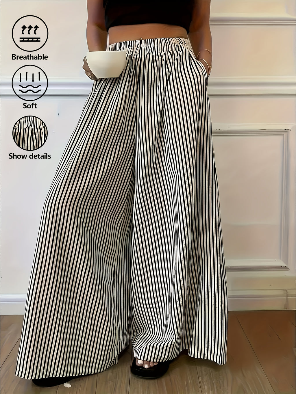 Pantalon imprimé grande taille — Rayures fines noir et écru