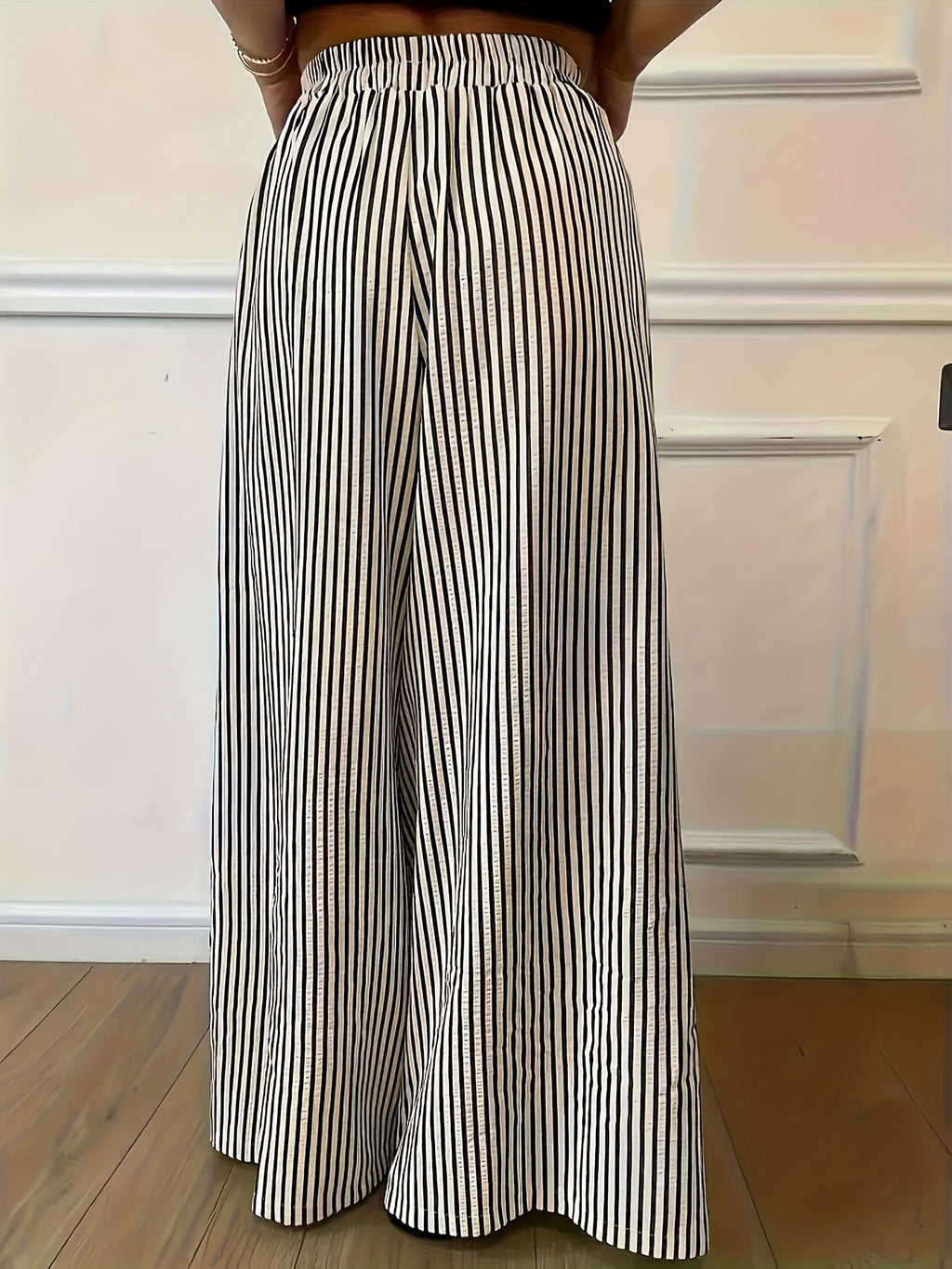 Pantalon imprimé grande taille — Rayures fines noir et écru