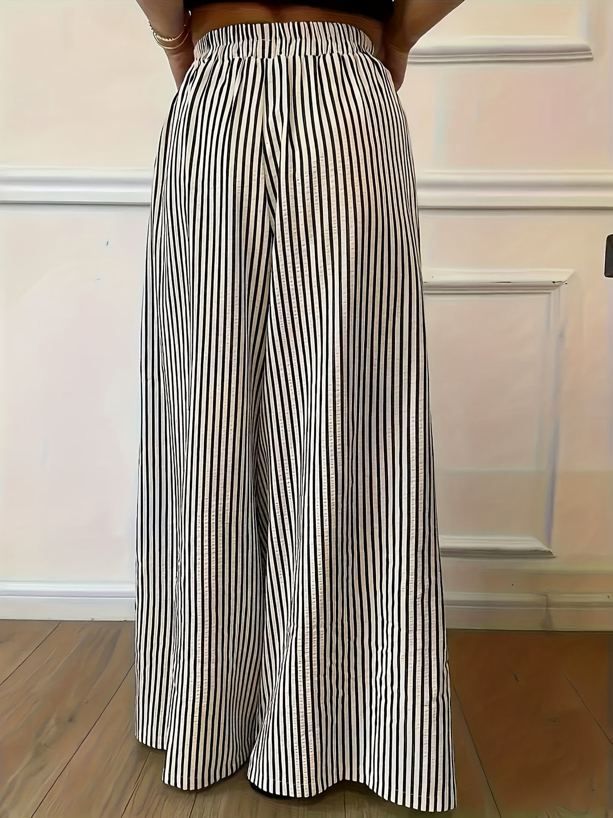 Pantalon imprimé grande taille — Rayures fines noir et écru