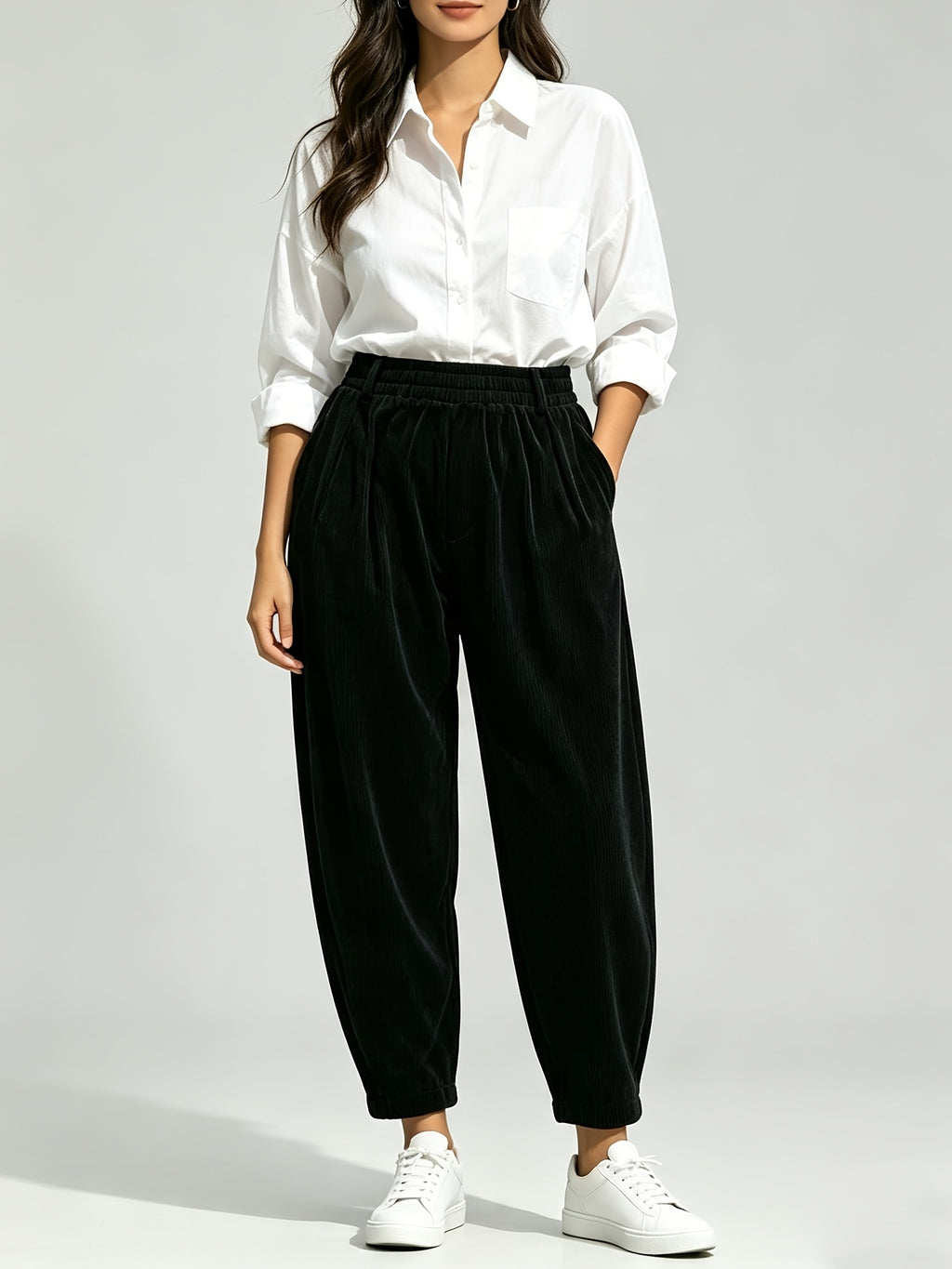 Pantalon sarouel grande taille, côtes de velours noires