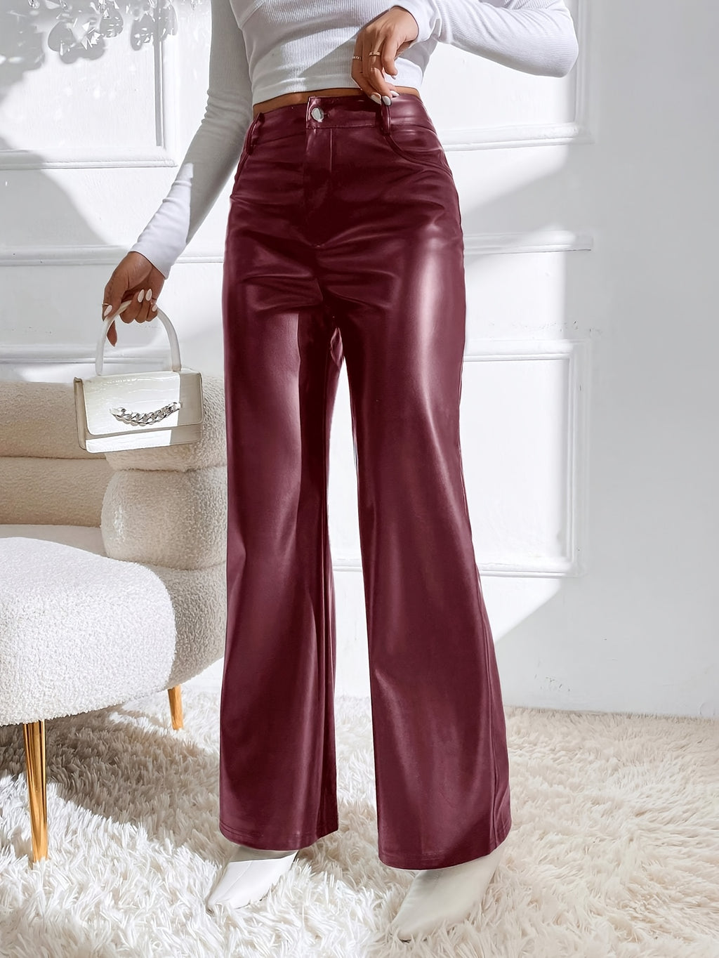 Pantalon simili cuir mat grande taille — Évasé, sans élasthanne
