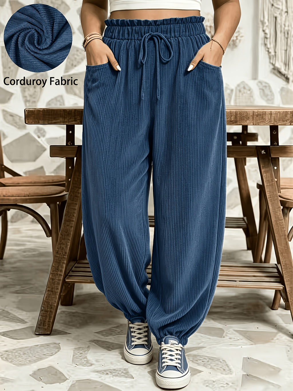 Pantalon carotte grande taille — Velours côtelé marron chaud