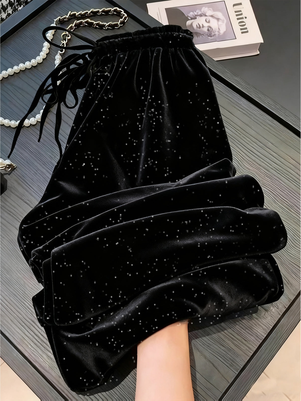 Pantalon pailleté grande taille — Velours noir, jambe large