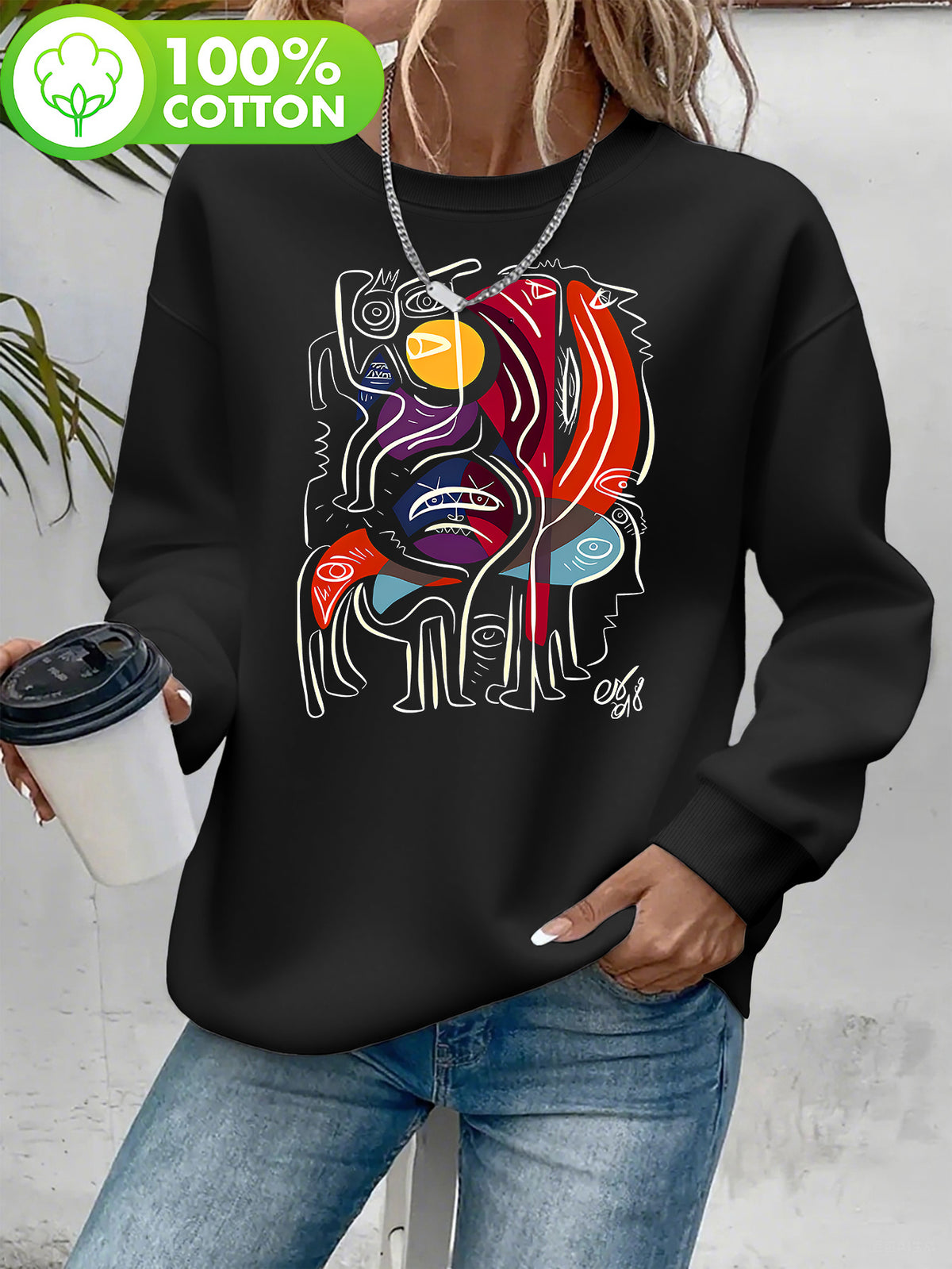 Pull grande taille, col rond, toucher naturel, chaleur d'hiver, mise en situation
