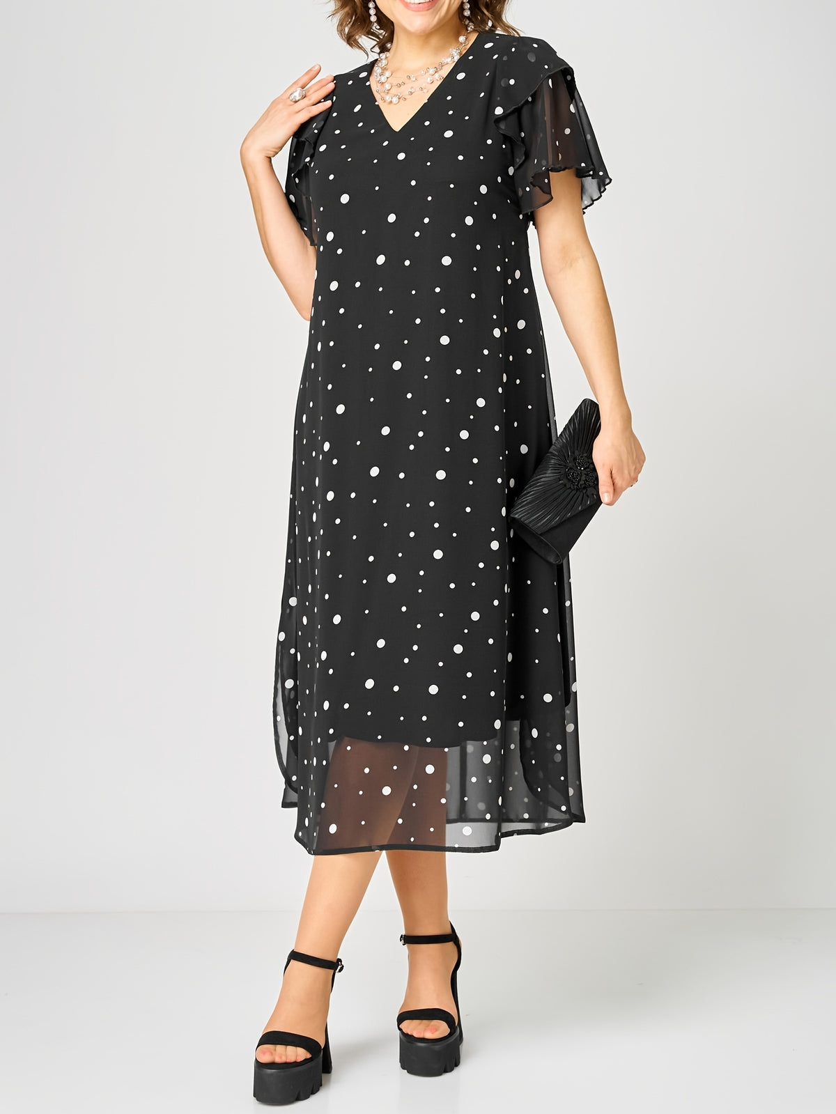 Robe mi-longue grande taille — Chiffon à pois, volant latéral