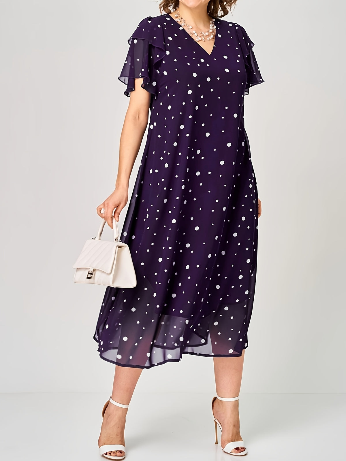 Robe mi-longue grande taille — Chiffon à pois, volant latéral