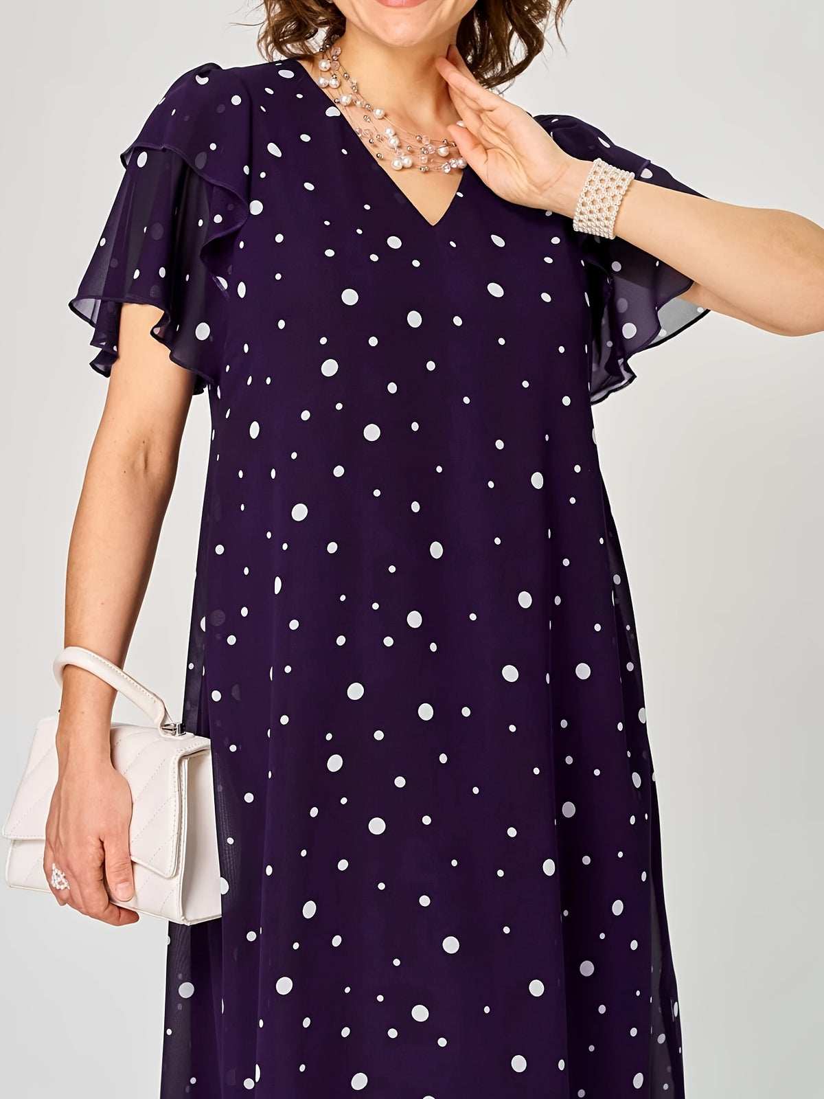Robe mi-longue grande taille — Chiffon à pois, volant latéral