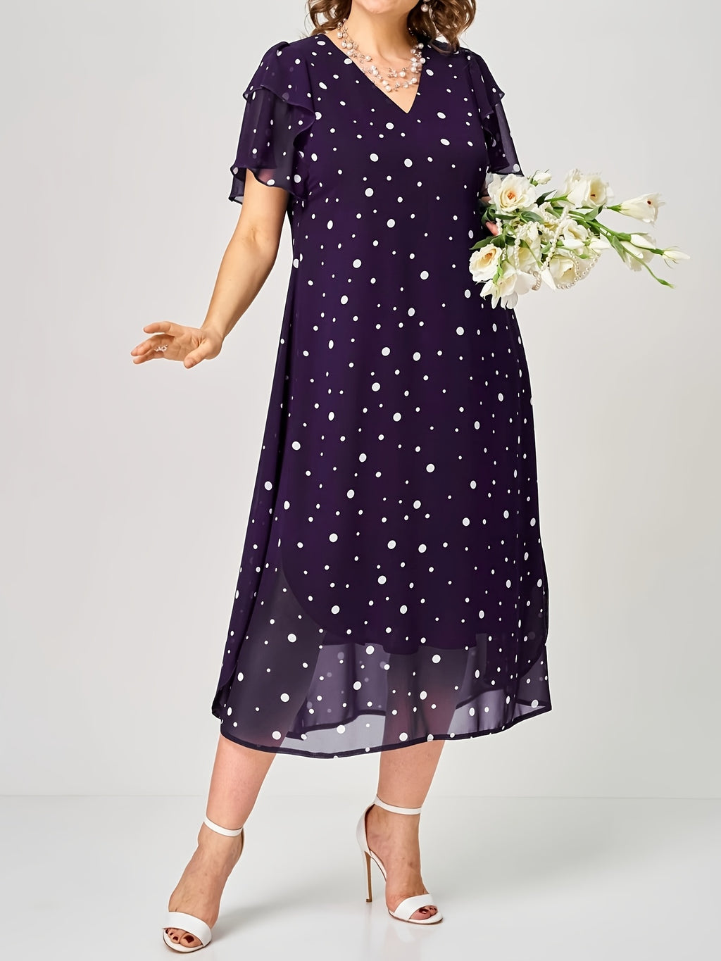 Robe mi-longue grande taille — Chiffon à pois, volant latéral