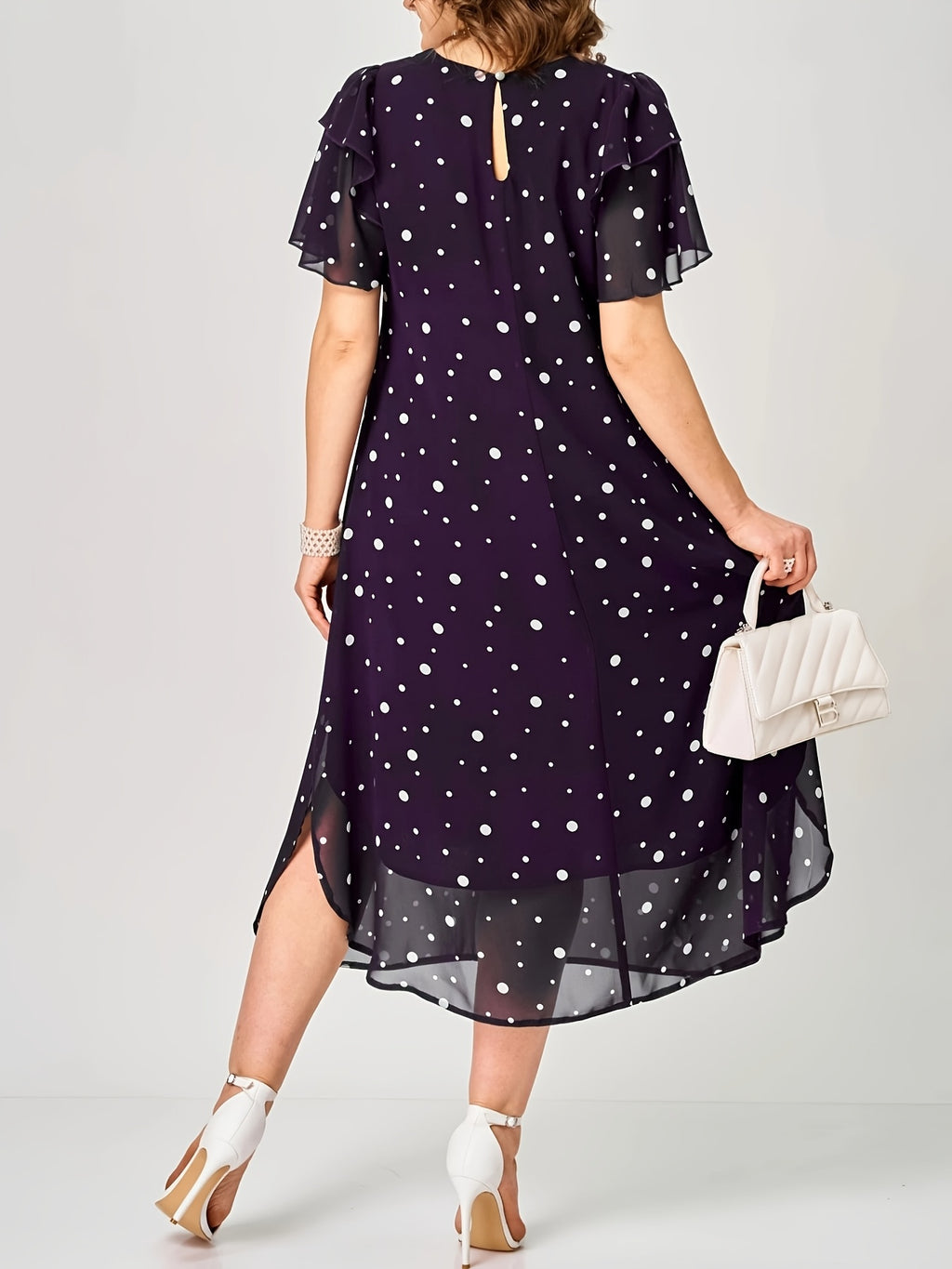 Robe mi-longue grande taille — Chiffon à pois, volant latéral