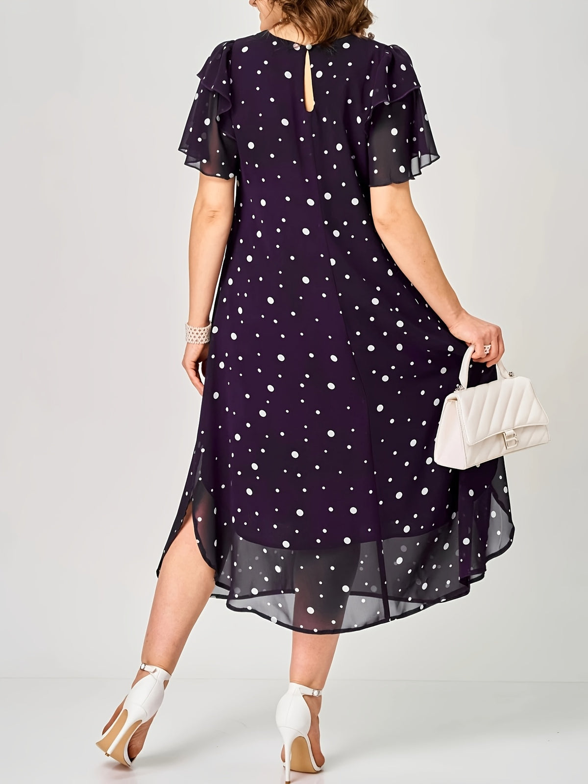 Robe mi-longue grande taille — Chiffon à pois, volant latéral