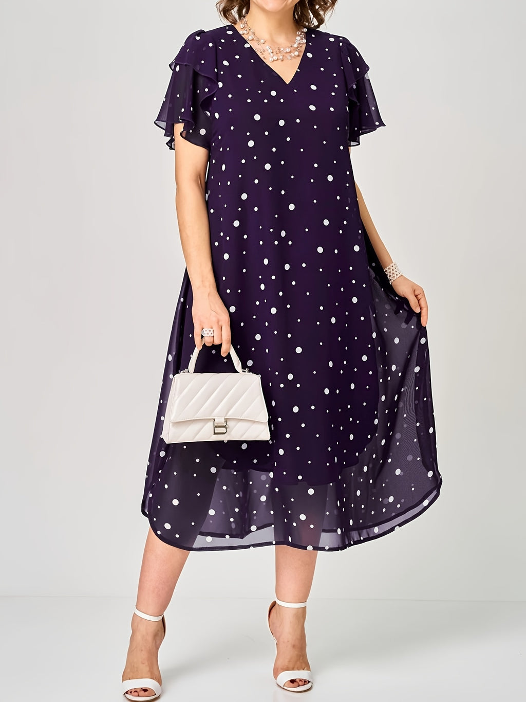 Robe mi-longue grande taille — Chiffon à pois, volant latéral