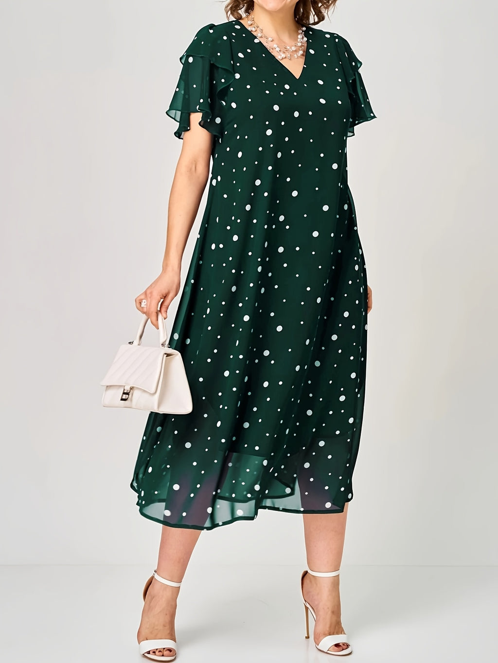 Robe mi-longue grande taille — Chiffon à pois, volant latéral
