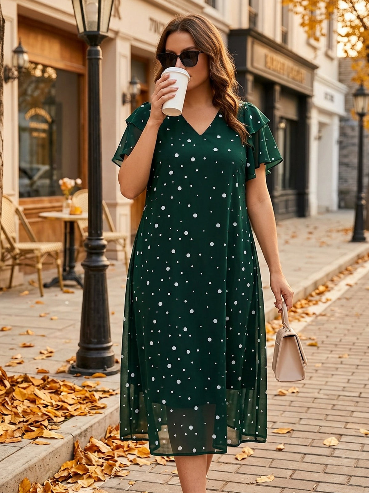 Robe mi-longue grande taille — Chiffon à pois, volant latéral