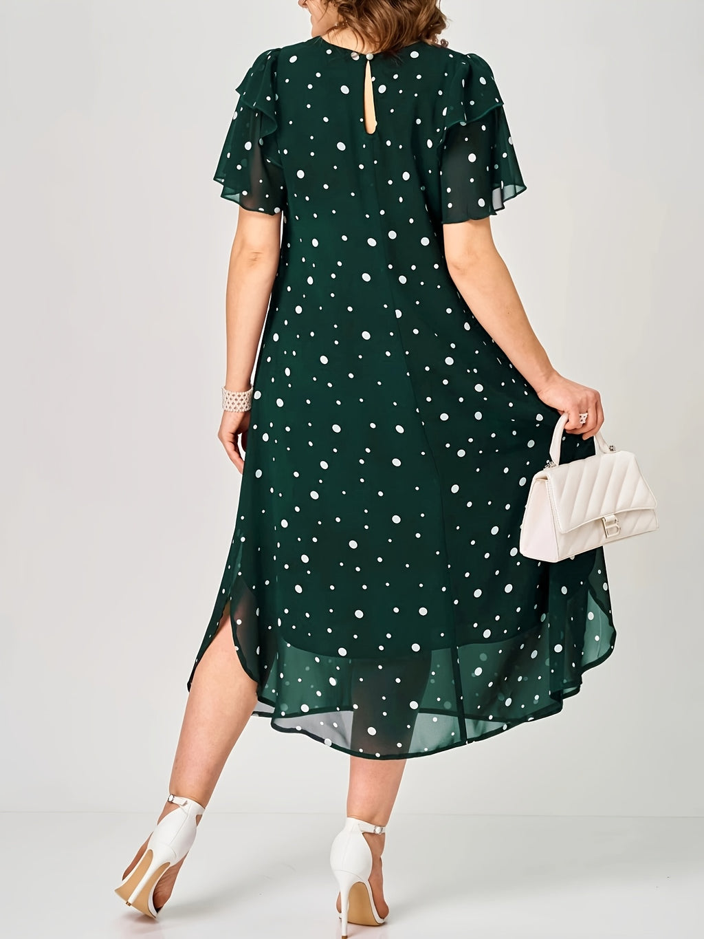 Robe mi-longue grande taille — Chiffon à pois, volant latéral