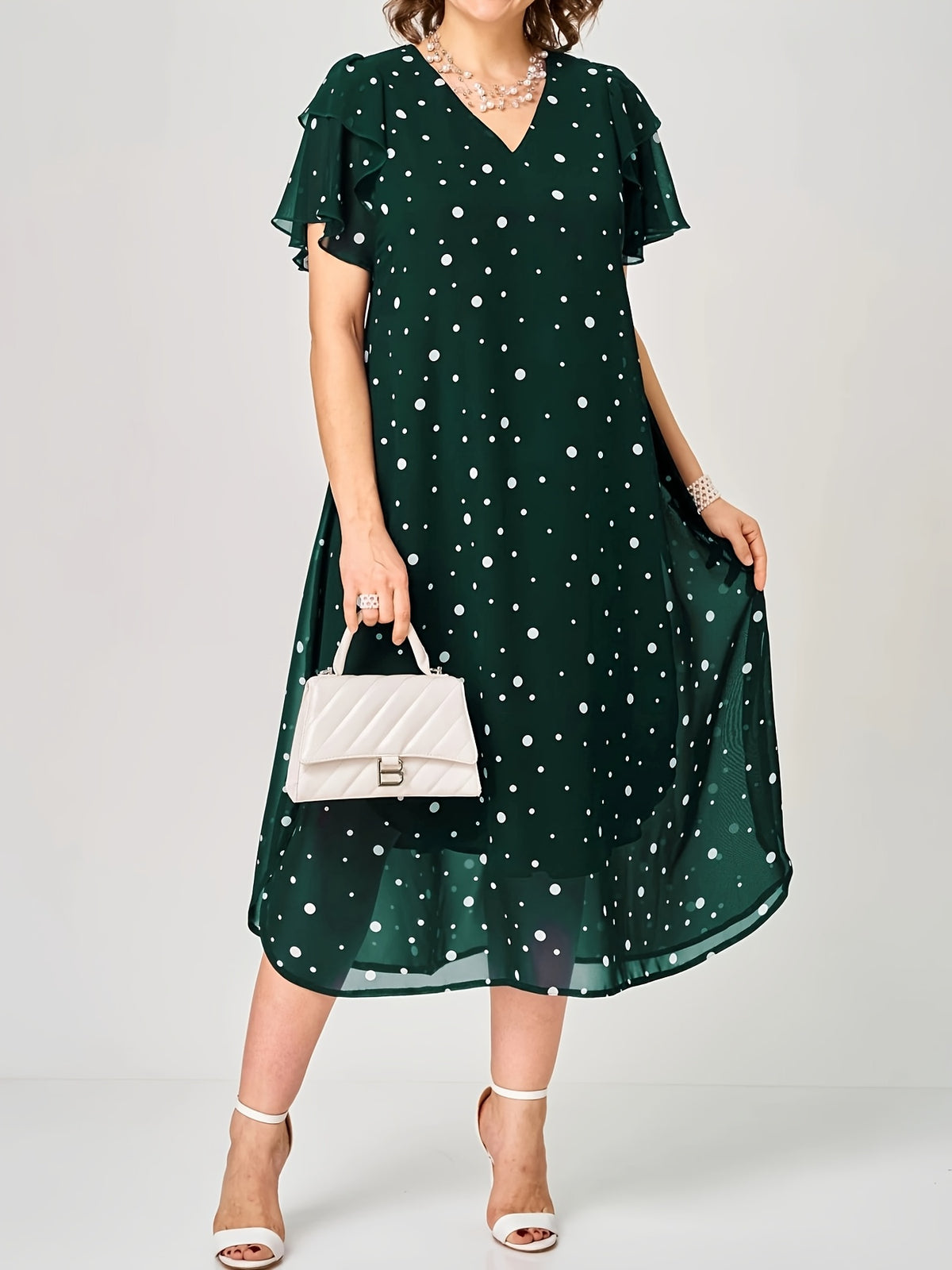 Robe mi-longue grande taille — Chiffon à pois, volant latéral