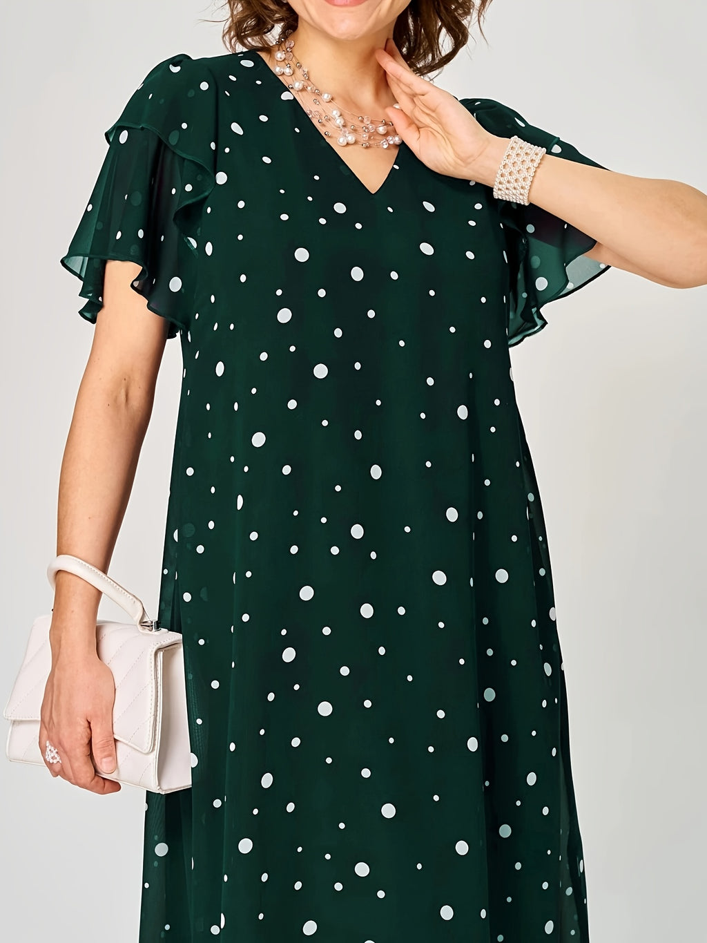 Robe mi-longue grande taille — Chiffon à pois, volant latéral