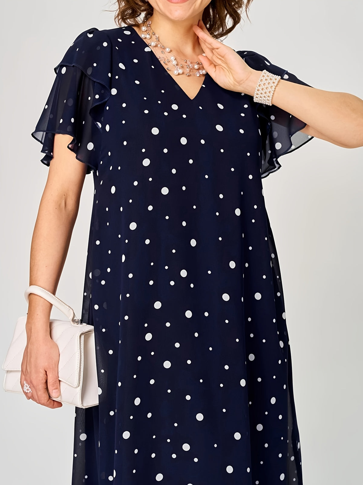 Robe mi-longue grande taille — Chiffon à pois, volant latéral