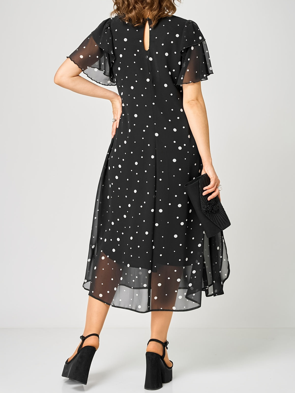 Robe mi-longue grande taille — Chiffon à pois, volant latéral