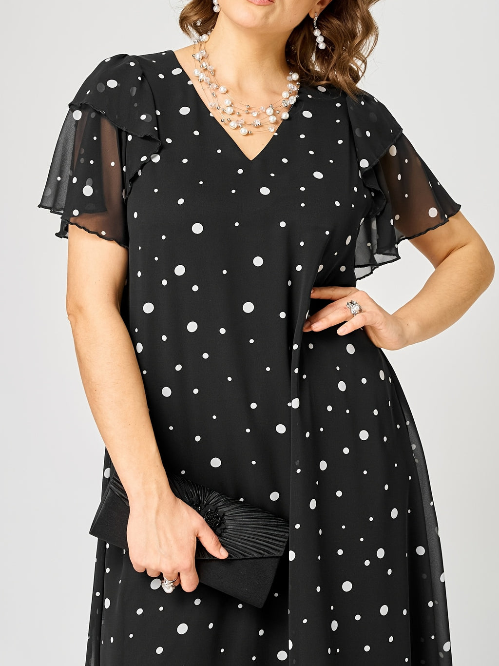 Robe mi-longue grande taille — Chiffon à pois, volant latéral