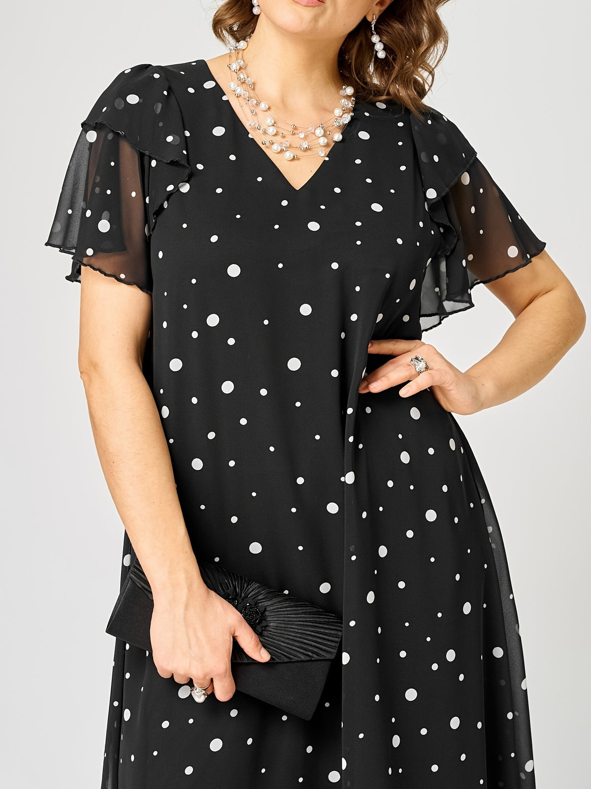 Robe mi-longue grande taille — Chiffon à pois, volant latéral