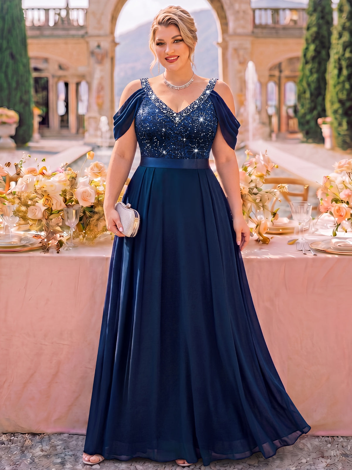 Robe de banquet grande taille — Liseré de perles marine