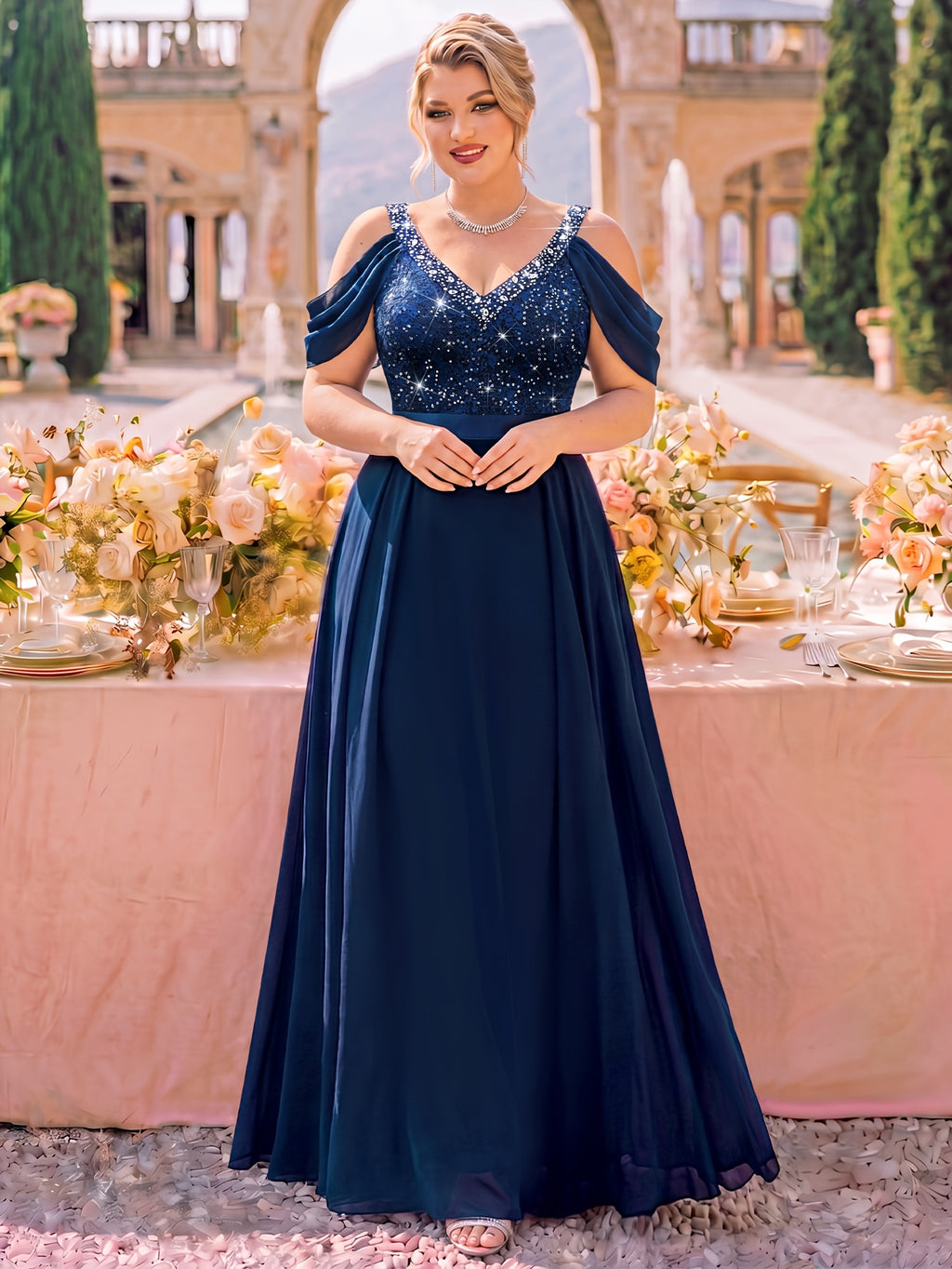 Robe de banquet grande taille — Liseré de perles marine