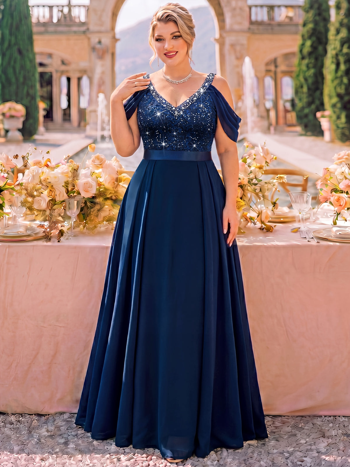 Robe de banquet grande taille — Liseré de perles marine