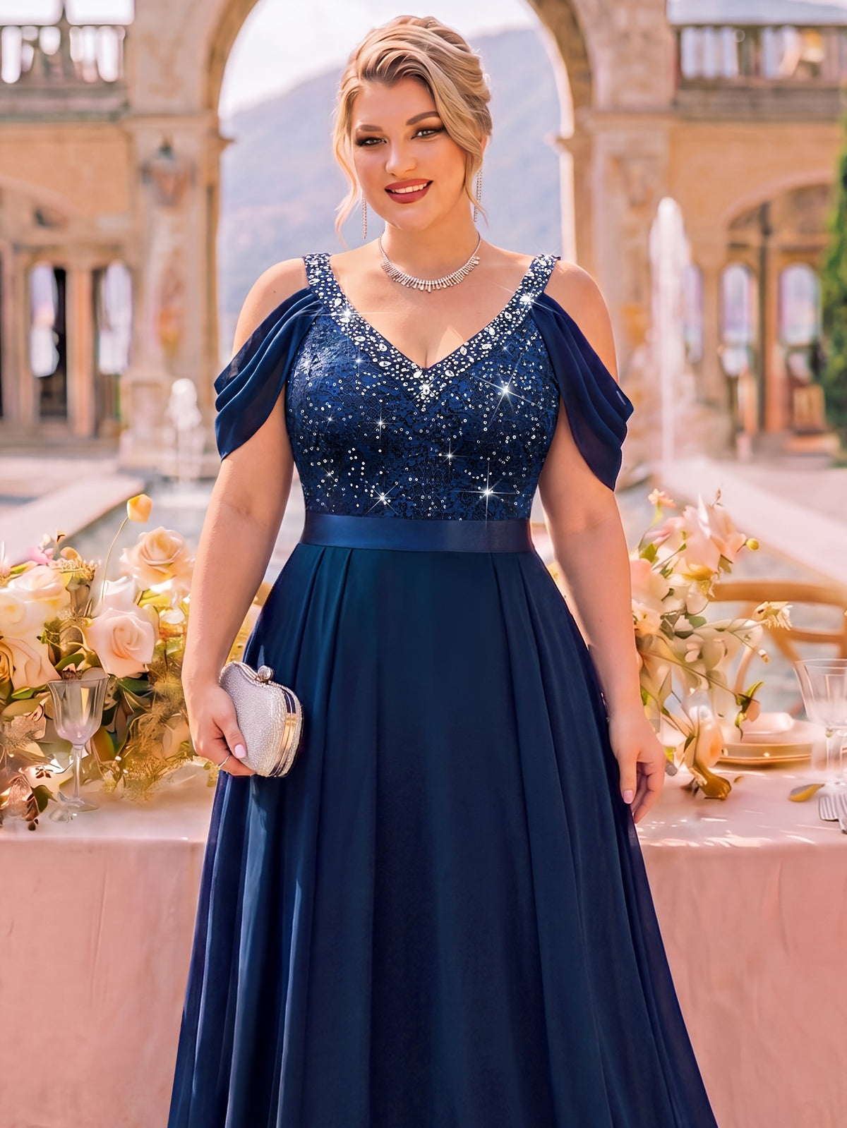 Robe de banquet grande taille — Liseré de perles marine