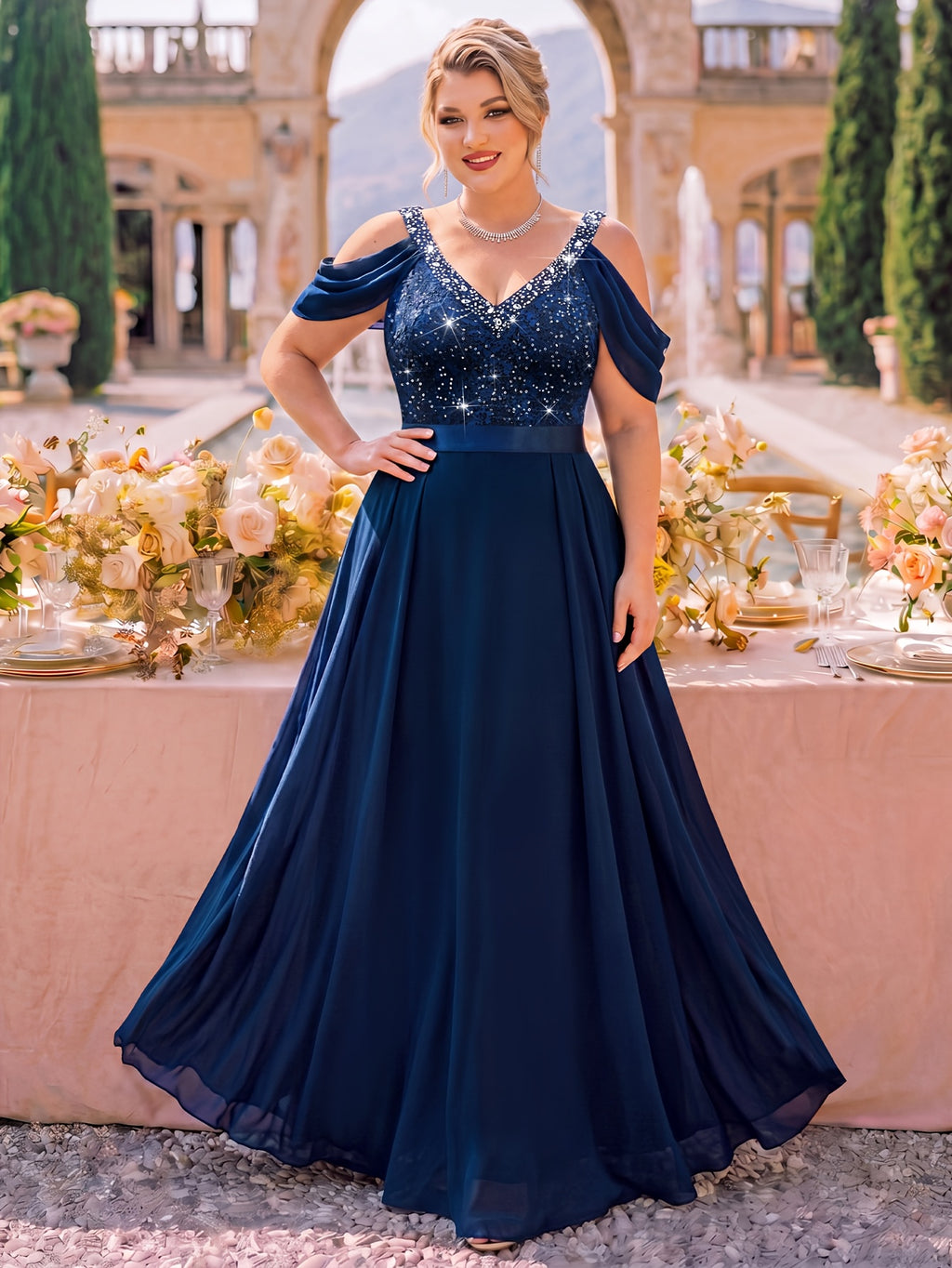 Robe de banquet grande taille — Liseré de perles marine