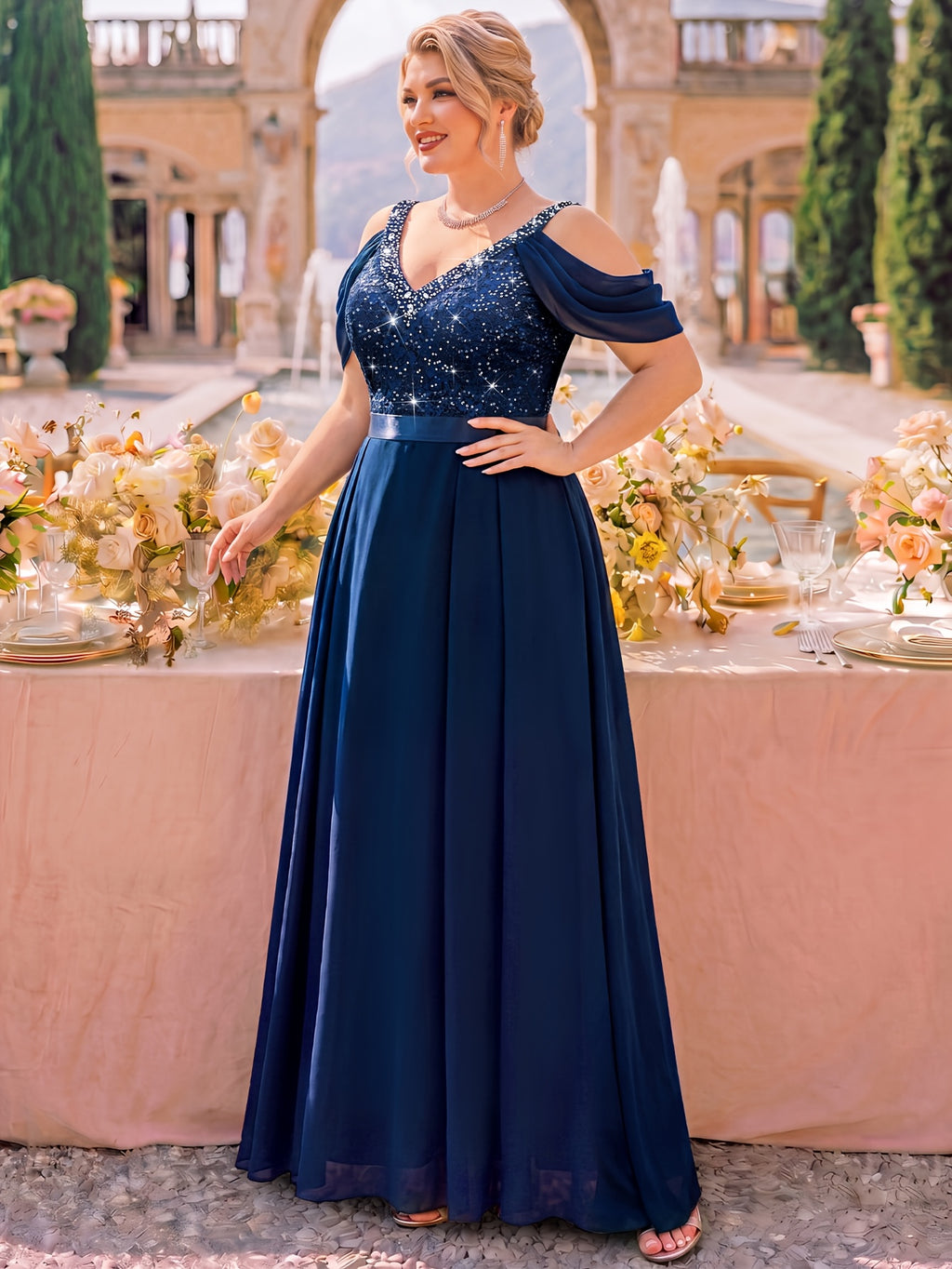 Robe de banquet grande taille — Liseré de perles marine