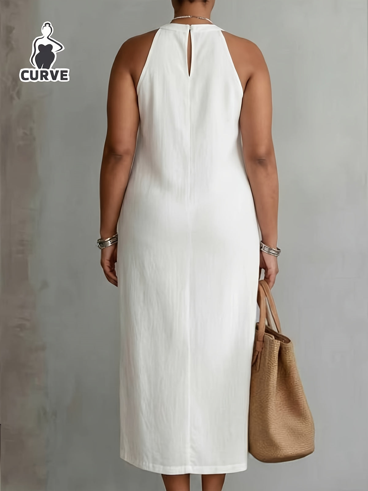 Robe blanche grande taille — Encolure américaine et fente
