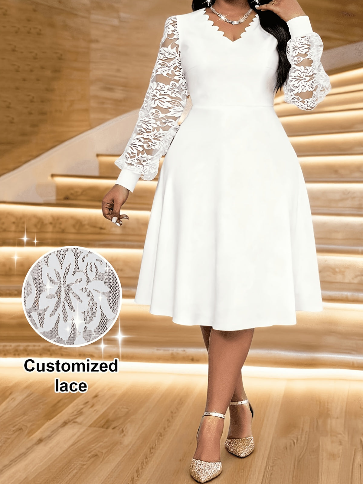 Robe manches longues grande taille — Blanche dentelle et V