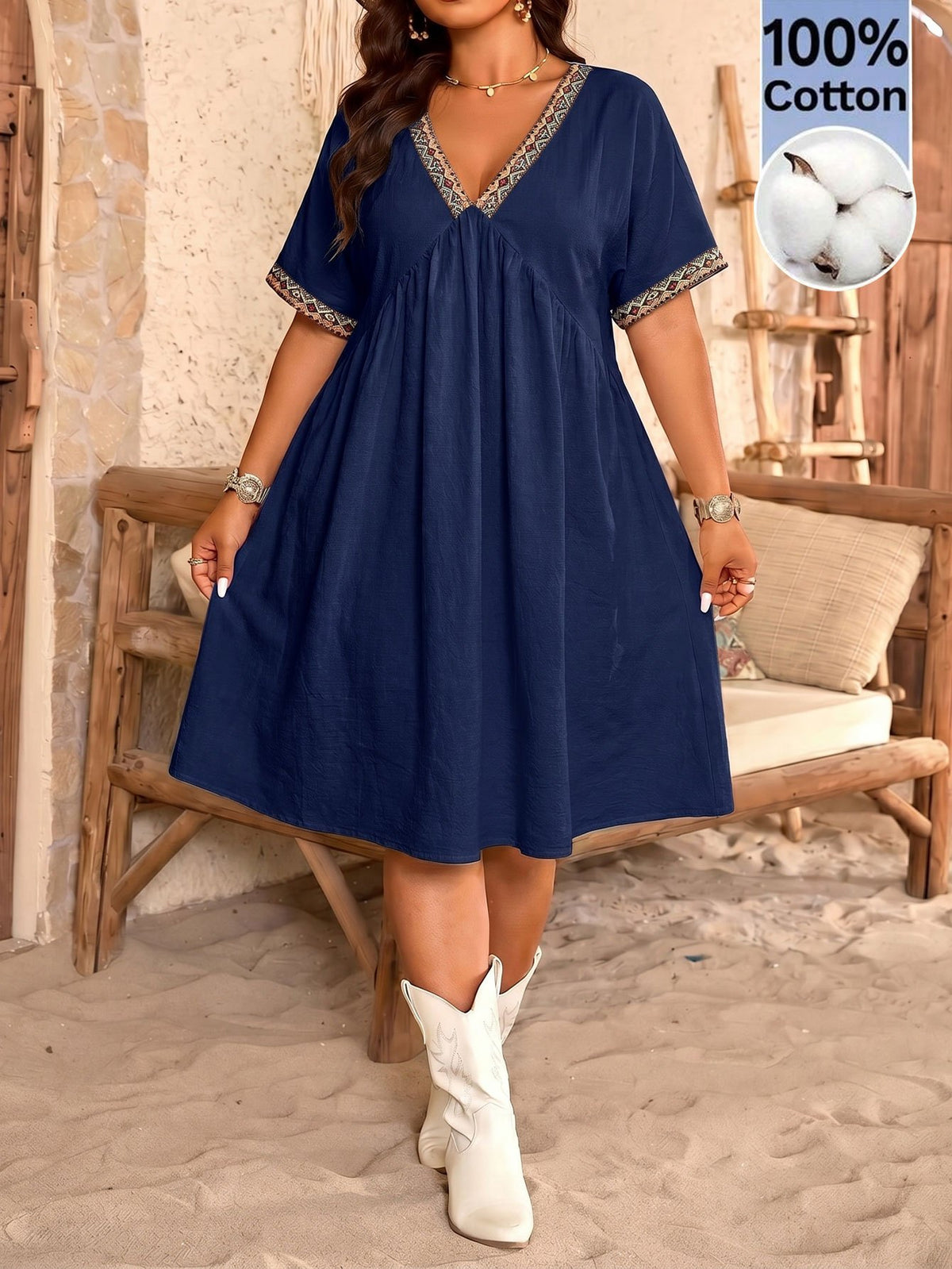 Robe bohème grande taille, décolleté V et galon ethnique
