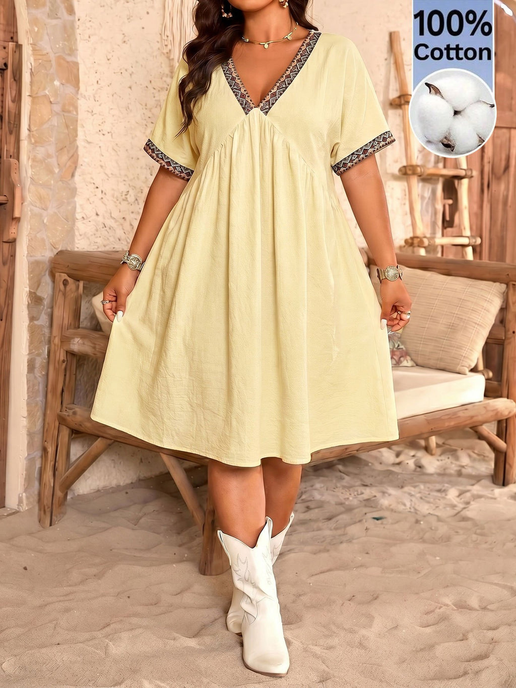 Robe bohème grande taille, décolleté V et galon ethnique
