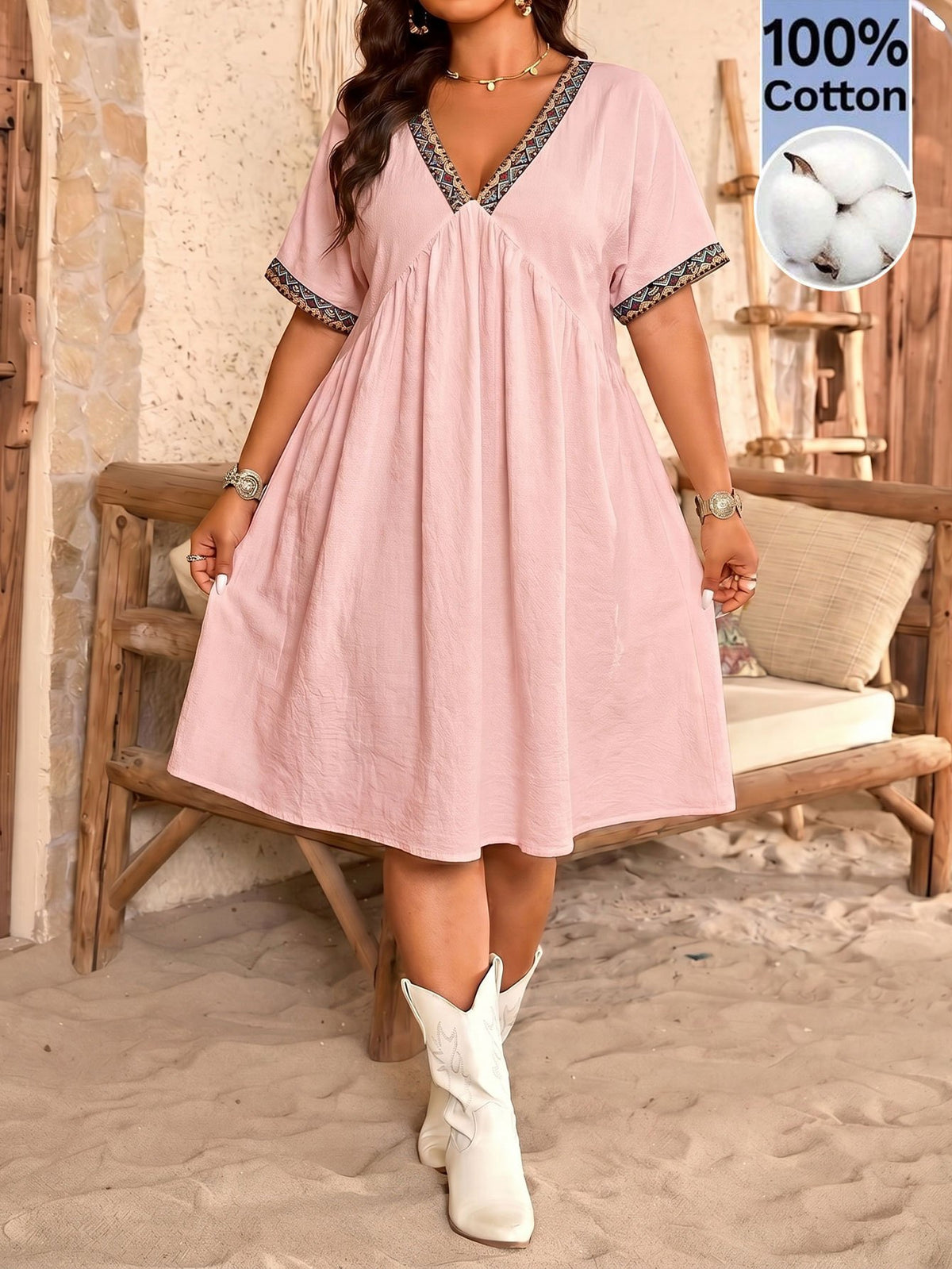 Robe bohème grande taille, décolleté V et galon ethnique
