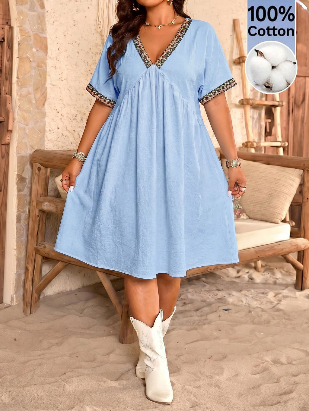 Robe bohème grande taille, décolleté V et galon ethnique