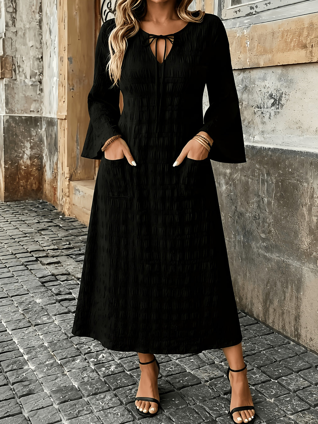Robe bohème grande taille — Poches latérales et col à nouer