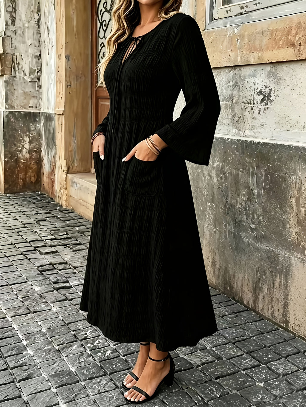 Robe bohème grande taille — Poches latérales et col à nouer