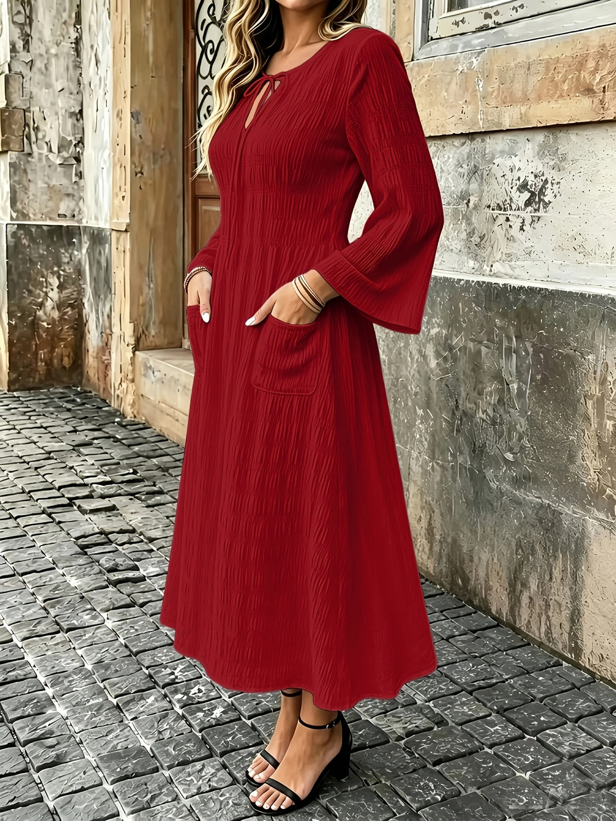 Robe bohème grande taille — Poches latérales et col à nouer