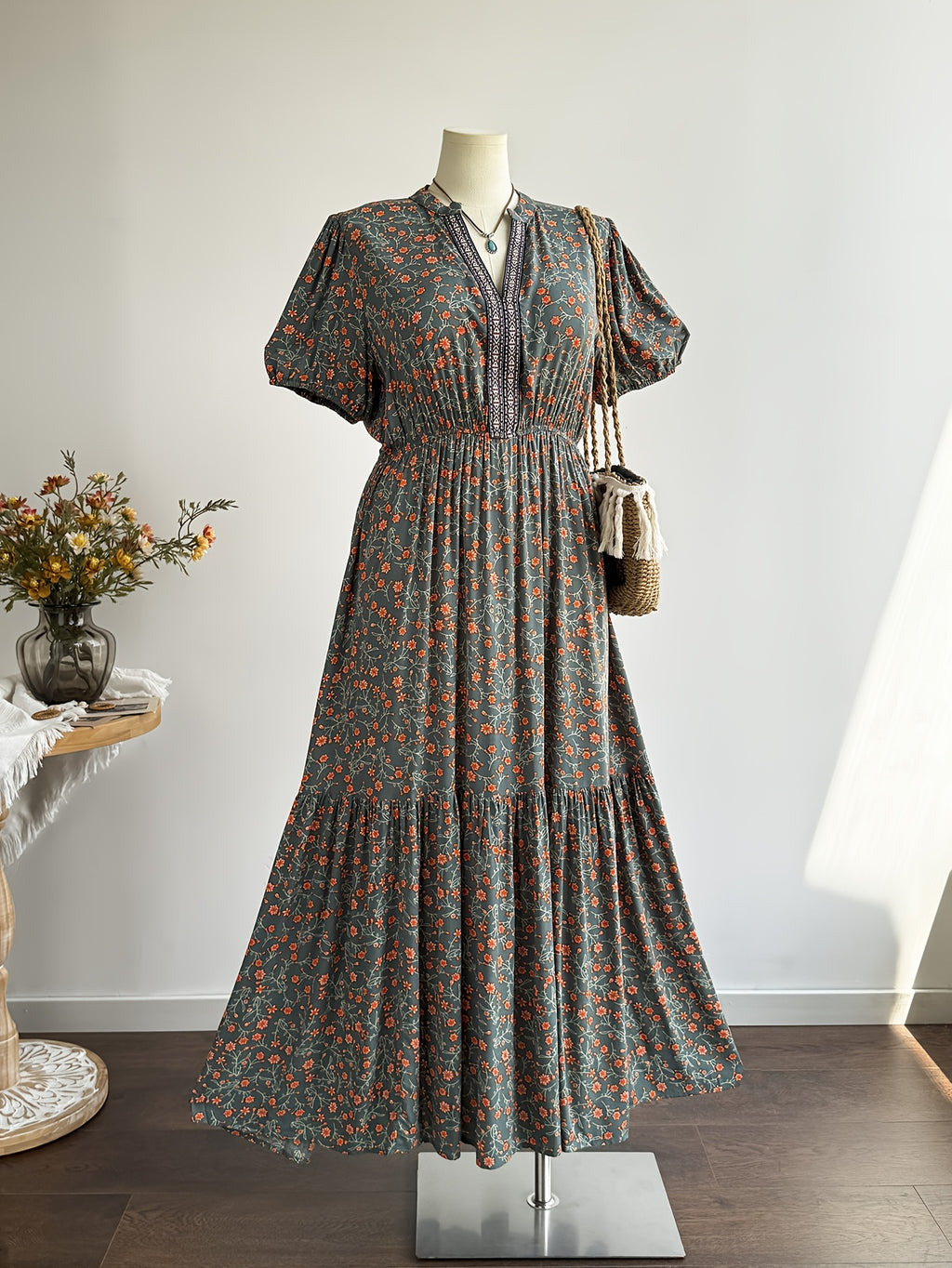 Robe longue bohème grande taille — Vert profond et galon tissé