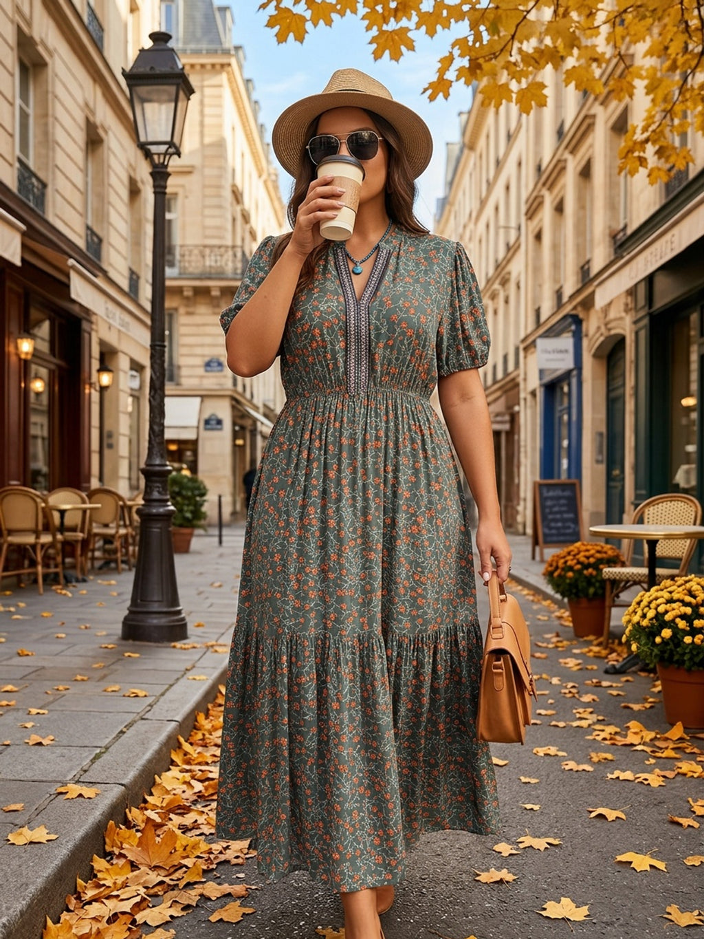 Robe longue bohème grande taille — Vert profond et galon tissé