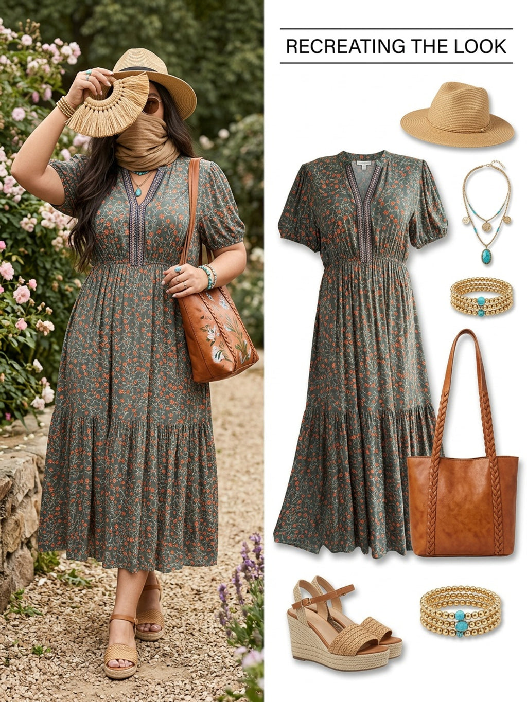 Robe longue bohème grande taille — Vert profond et galon tissé