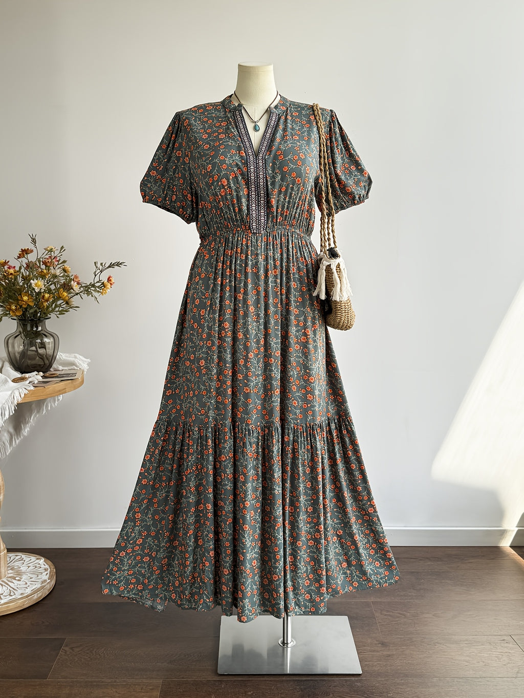 Robe longue bohème grande taille — Vert profond et galon tissé