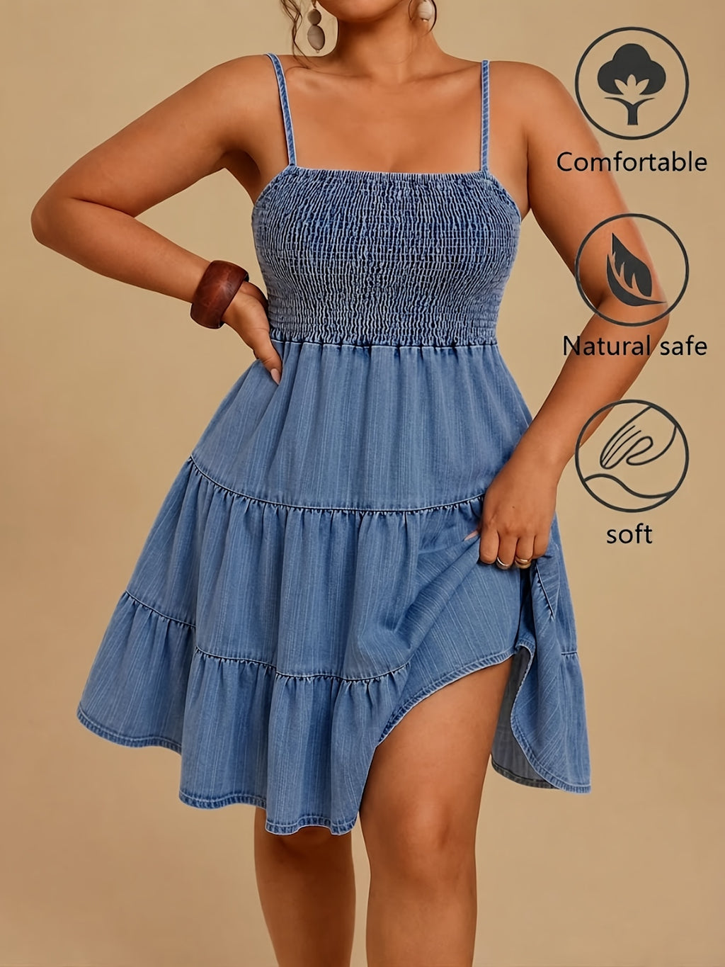 Robe à bretelles grande taille, jean léger et buste smocké