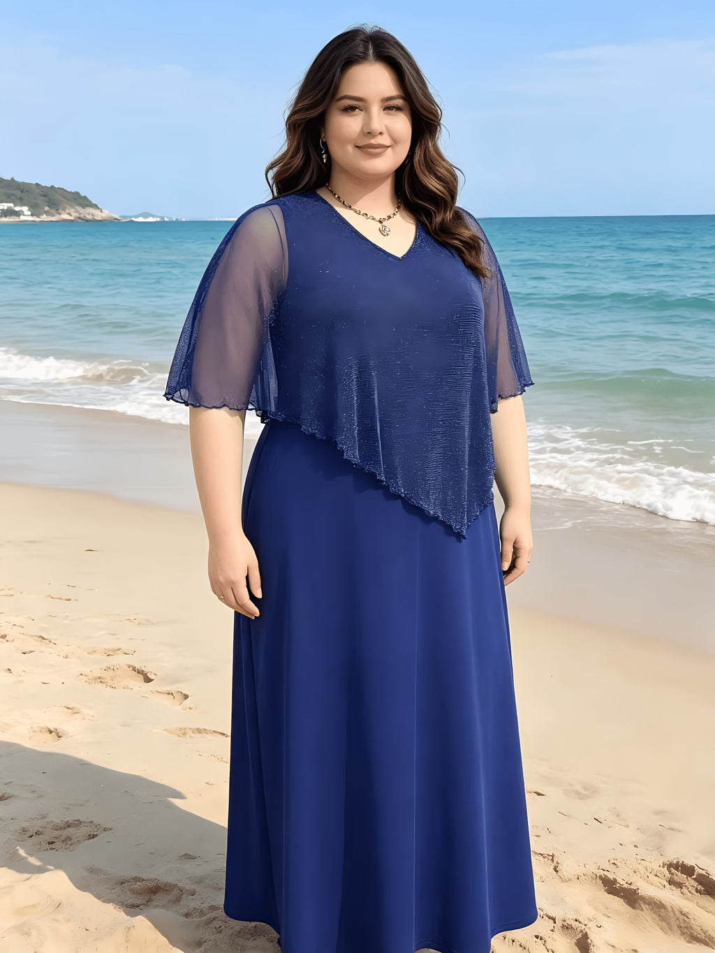 Robe à cape grande taille — Voile pailleté et crêpe uni