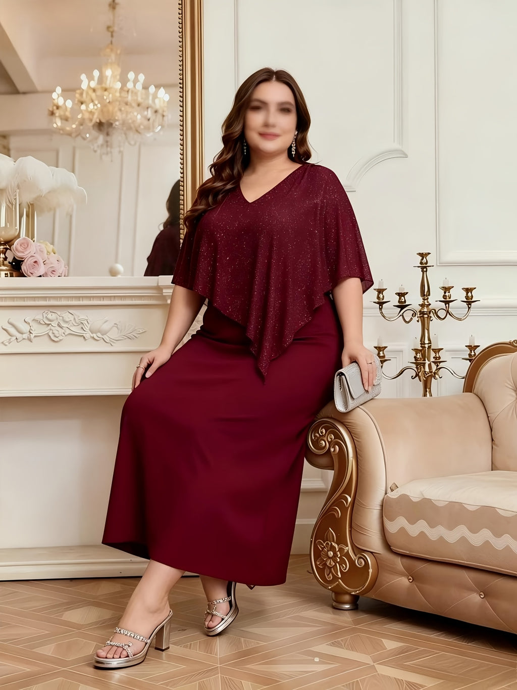 Robe à cape grande taille — Voile pailleté et crêpe uni