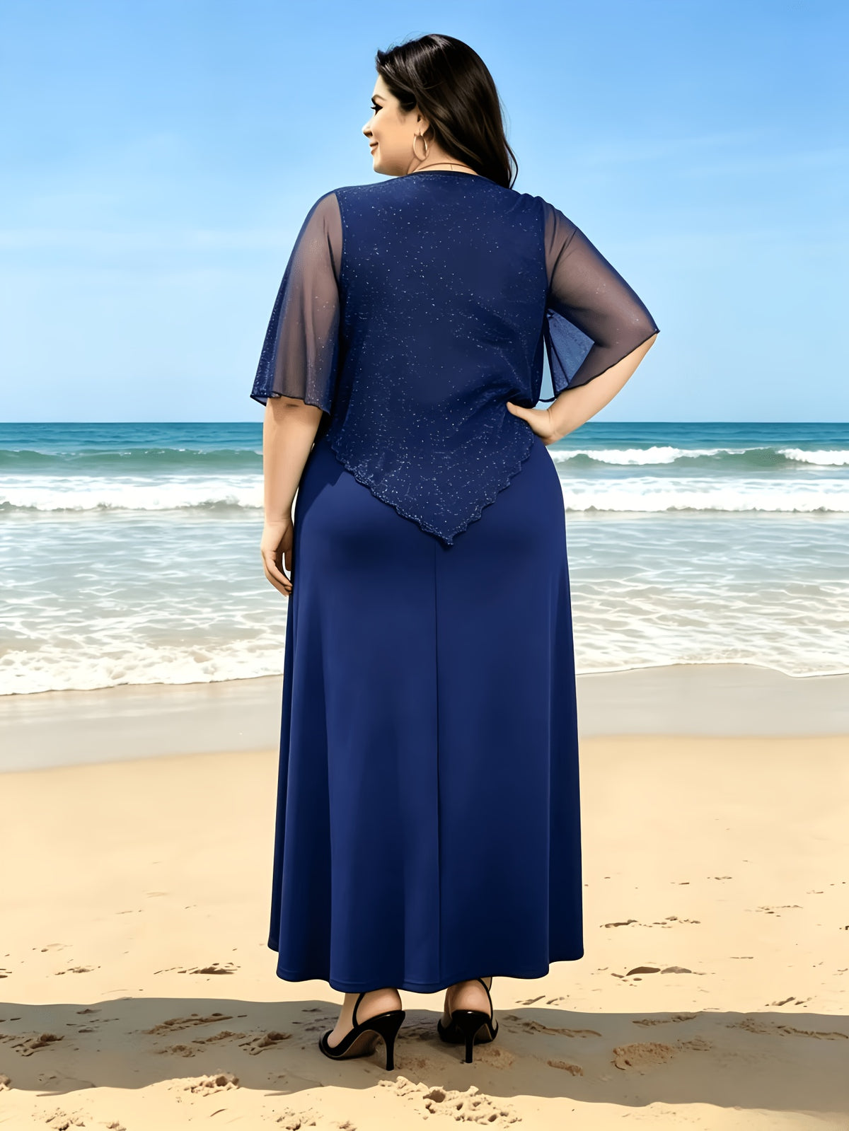 Robe à cape grande taille — Voile pailleté et crêpe uni