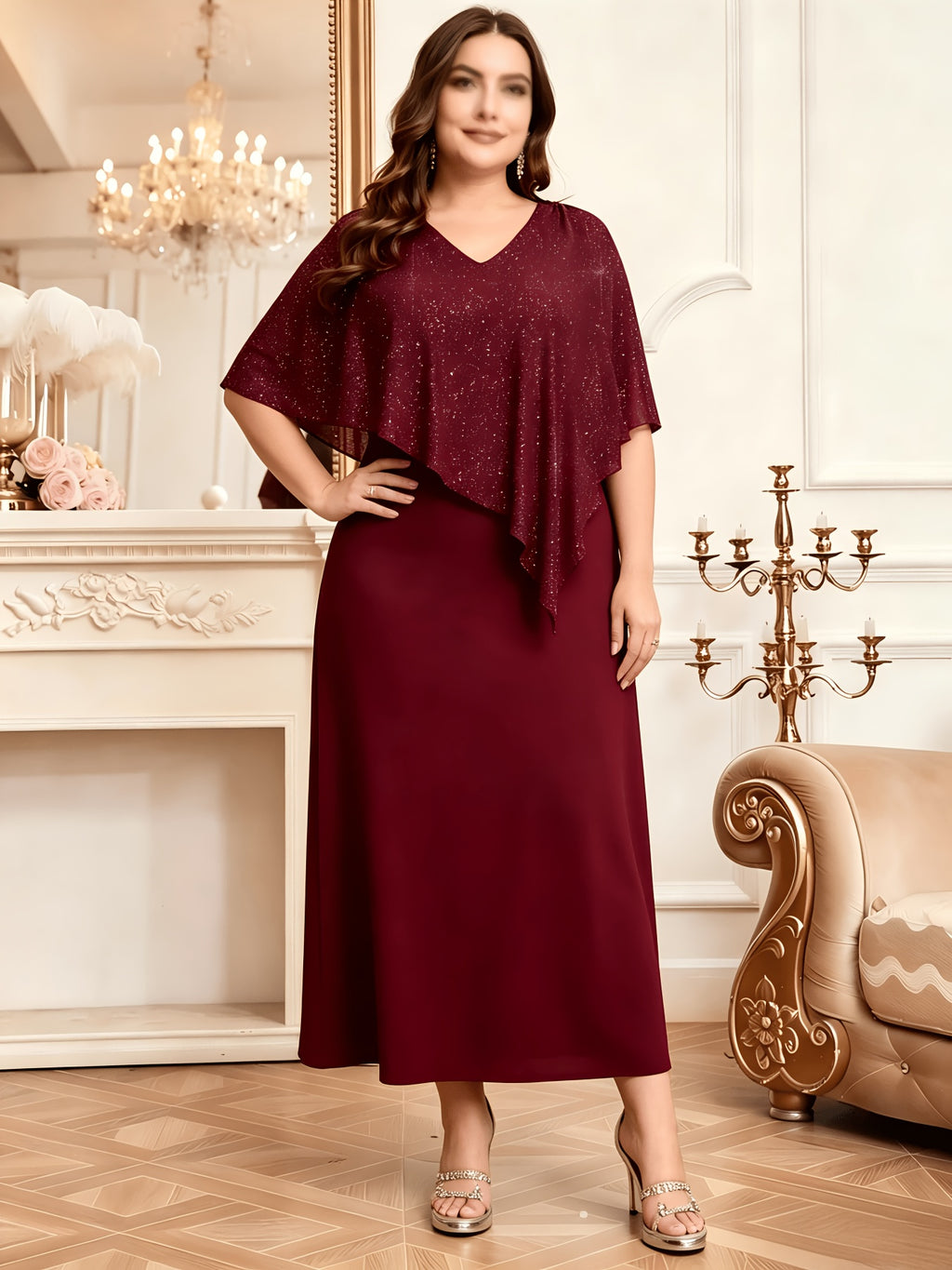 Robe à cape grande taille — Voile pailleté et crêpe uni