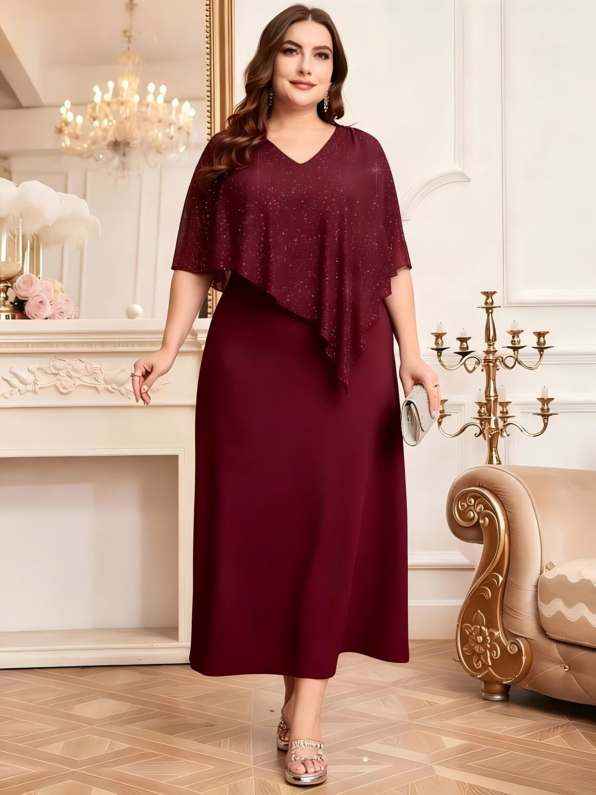 Robe à cape grande taille — Voile pailleté et crêpe uni