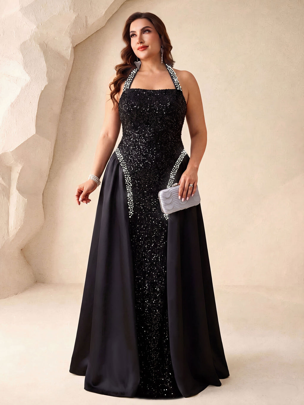 Robe de cérémonie grande taille — Perles et surjupe satin